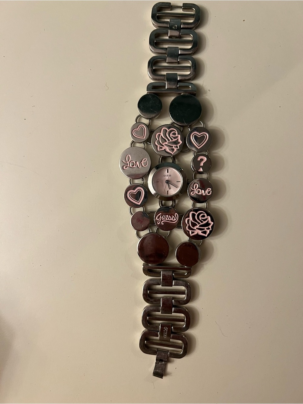 Guess Marquise Love Watch W10588L1 silver tone w/ pinks hearts & rose details